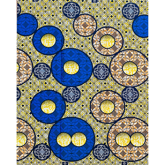 African Print Fabric/ Ankara - Blue, Yellow, Orange 'Life in Circles', YARD or WHOLESALE