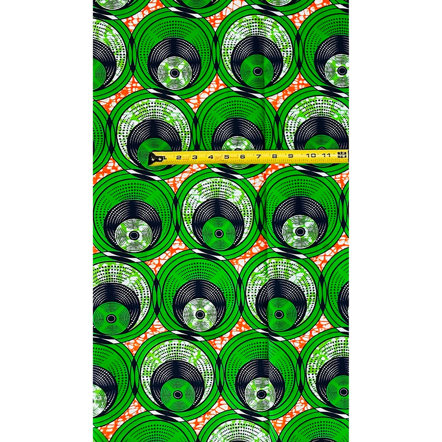 African Print Fabric/ Ankara - Green, Orange 'Ayé Rhythm Circles,’ 1 YARD
