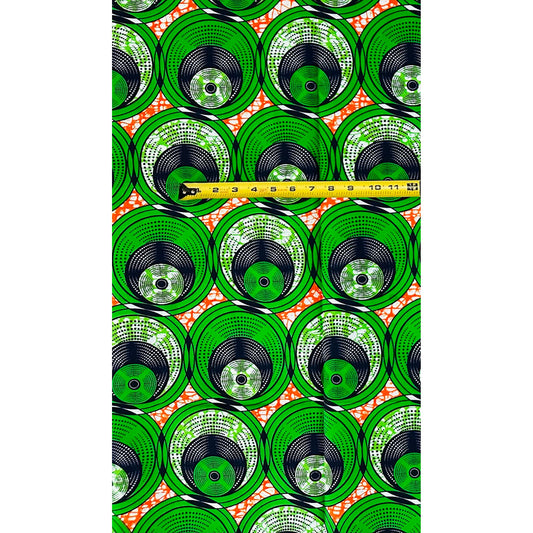 African Print Fabric/ Ankara - Green, Orange 'Ayé Rhythm Circles,’ 1 YARD