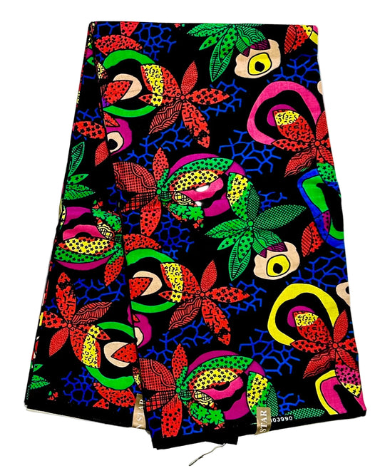 African Print Fabric/ Ankara - Multicolored 'Midnight Tropicana' Design, Yard or Wholesale