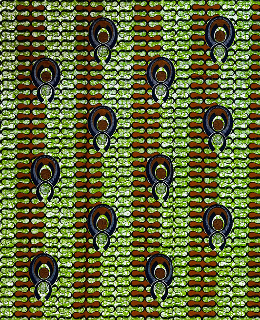 African Print Fabric/ Ankara - Green, Brown 'Crown Seed' Design
