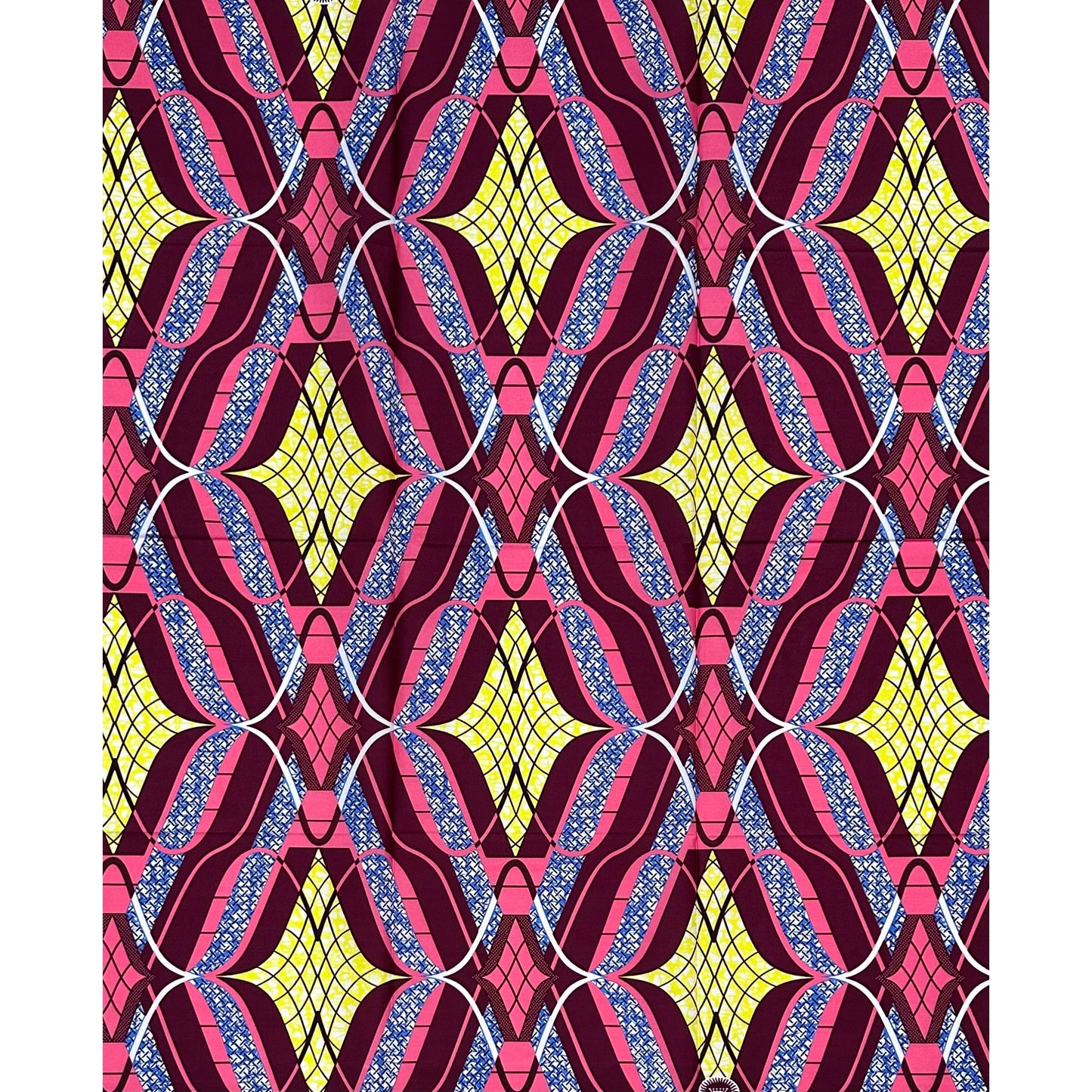 African Print Fabric/ Ankara - Pink, Blue, Yellow, Burgundy 'Bamoun Decoy,' 1 YARD
