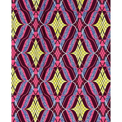 African Print Fabric/ Ankara - Pink, Blue, Yellow, Burgundy 'Bamoun Decoy,' 1 YARD