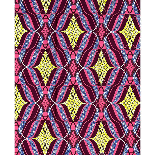 African Print Fabric/ Ankara - Pink, Blue, Yellow, Burgundy 'Bamoun Decoy,' 1 YARD
