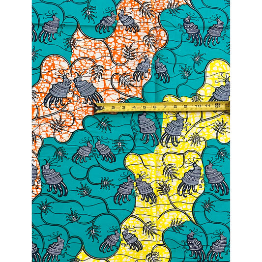 African Print Fabric/ Ankara - Teal, Yellow, Orange, Navy 'Under the Sea' Design, YARD or WHOLESALE