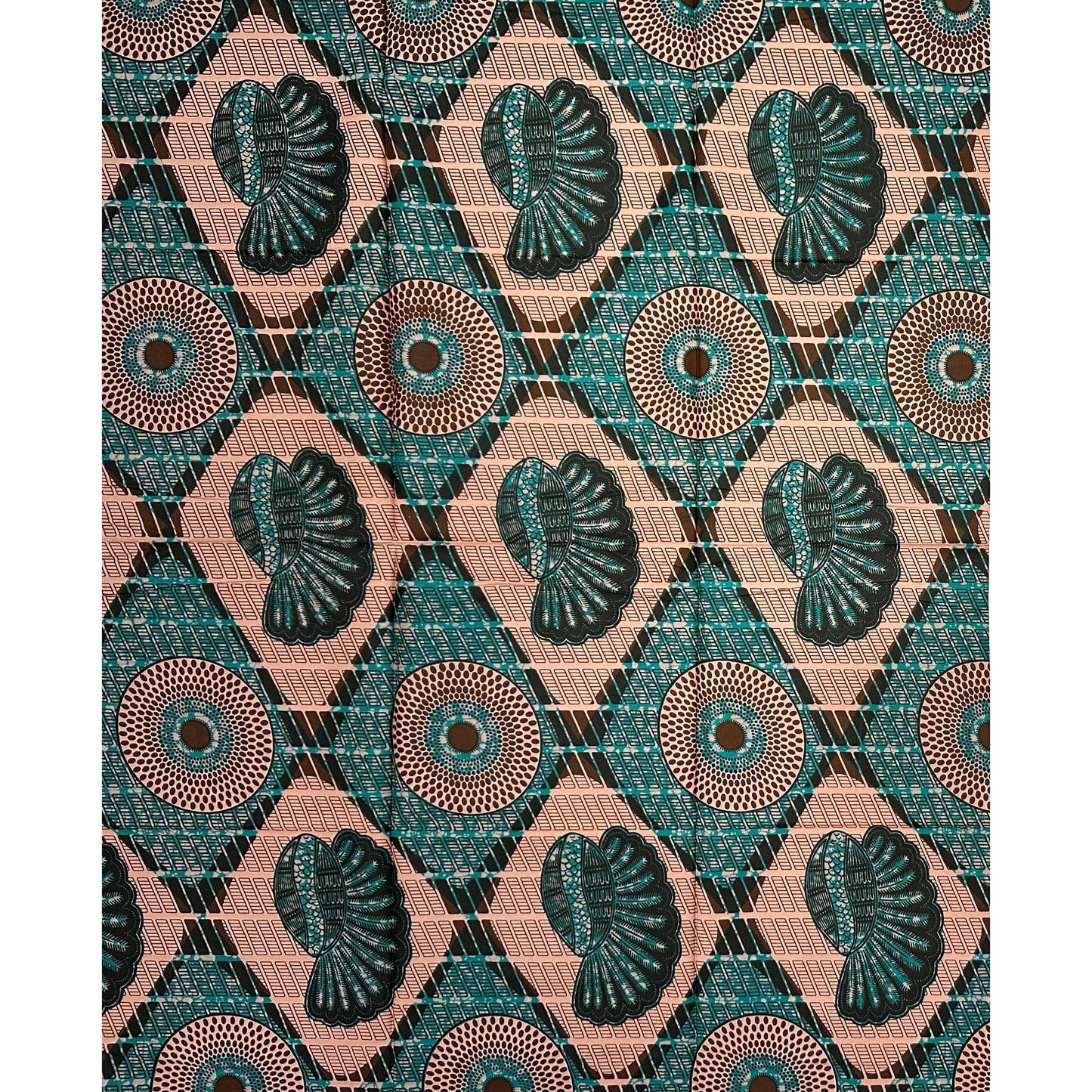 African Print Fabric/ Ankara - Brown, Teal 'Bullseye Chieftain', 1 Yard