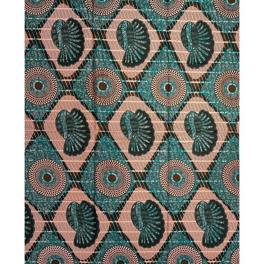 African Print Fabric/ Ankara - Brown, Teal 'Bullseye Chieftain', 1 Yard