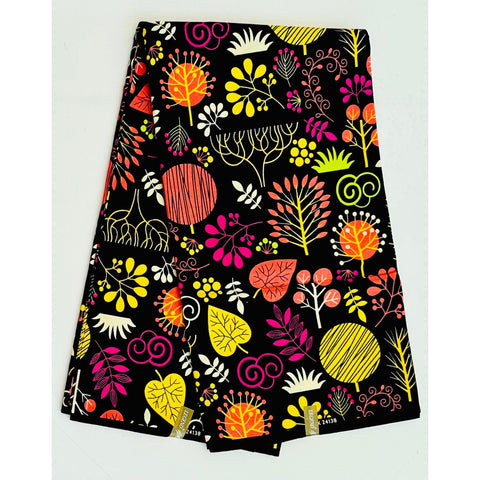 African Print Fabric/ Ankara - Pink, Coral, Yellow, Black, Cream 'Darling District Wildflowers' Design, YARD or WHOLESALE