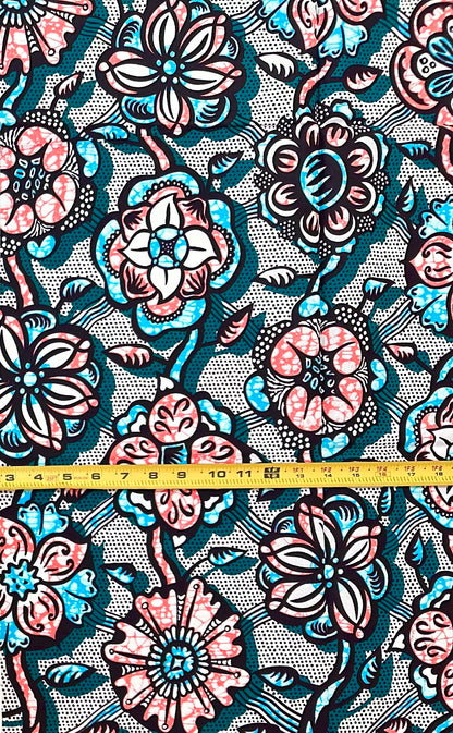 African Print Fabric/ Ankara - Green, Blue, Pink ‘The Matriach’s Seat' Design, YARD