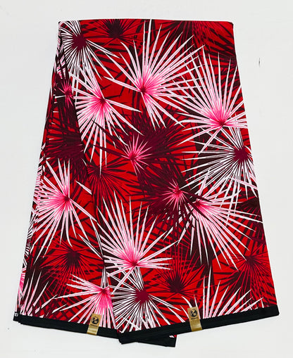 African Print Fabric/ Ankara - Red, White, Pink 'Moto Palm' Design, YARD or WHOLESALE
