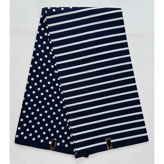 African Print Fabric/ Ankara - Navy, White 'Lora Striped' Design, YARD or WHOLESALE