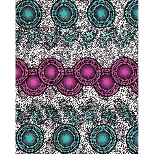 African Print Fabric/Ankara - Purple, Turquoise, Cream “Disco Kola" Design, 1 Yard