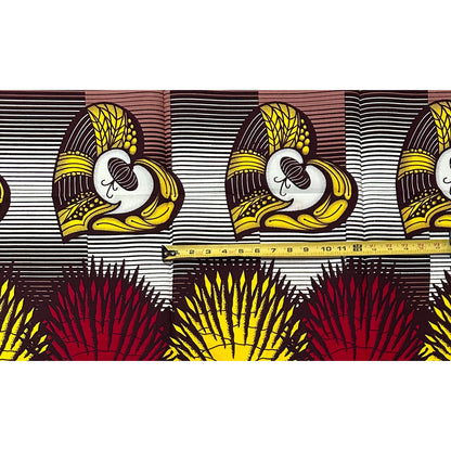 African Print Fabric/Ankara - Brown, Yellow, Red, Beige 'Hearts Unlocked' Design, 1 YARD