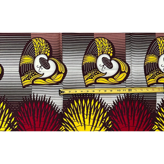 African Print Fabric/Ankara - Brown, Yellow, Red, Beige 'Hearts Unlocked' Design, 1 YARD
