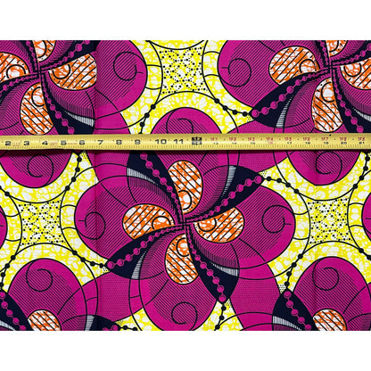 African Print Fabric/ Ankara - Pink, Yellow, Navy ‘Festival Ayaba' Design, 1 YARD