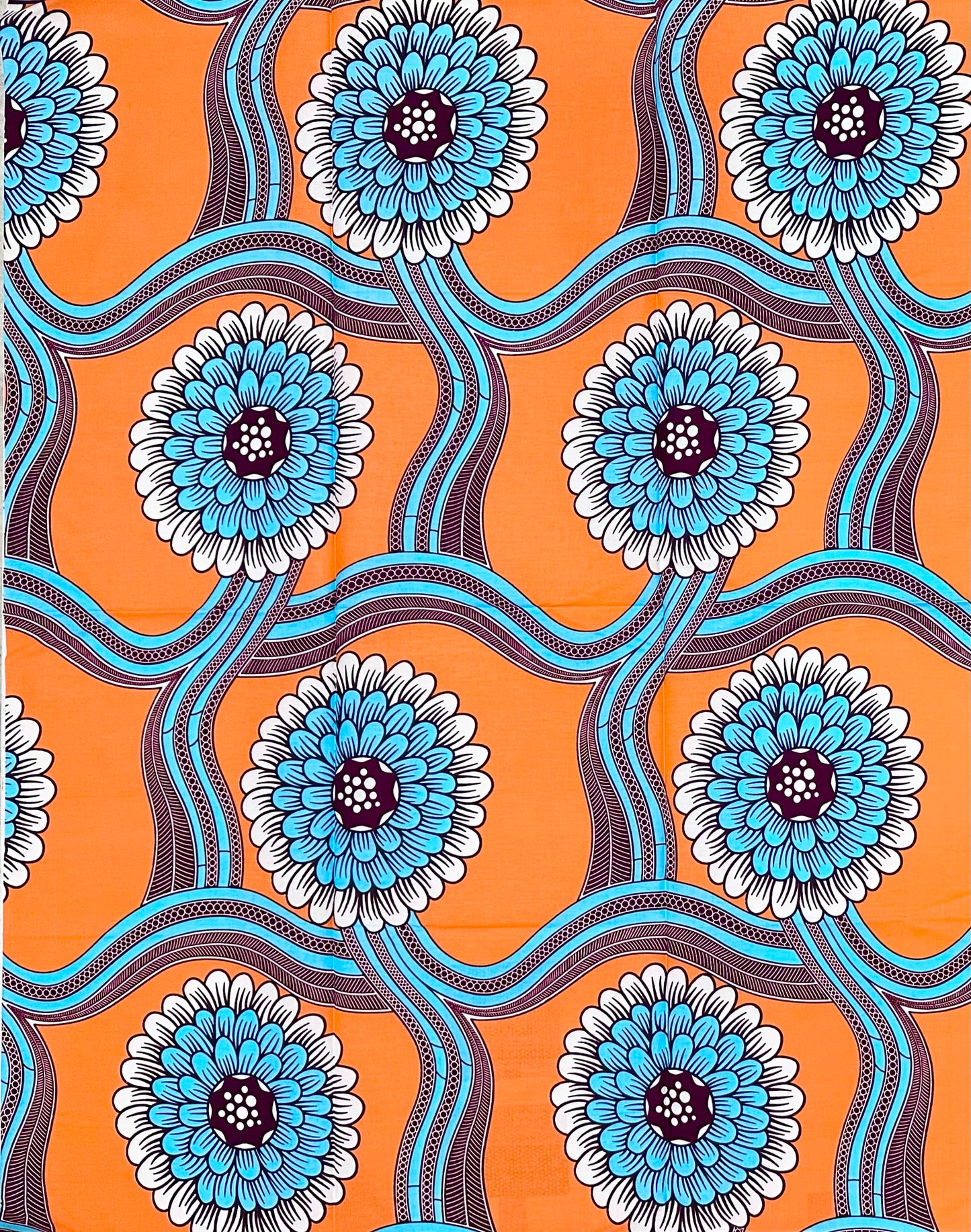 African Print Fabric/ Ankara - Peach, Blue, White, Brown ‘Dance Until Sunset' Design, 1 YARD