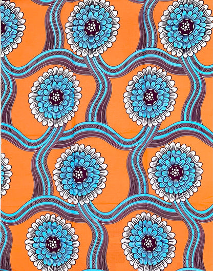African Print Fabric/ Ankara - Peach, Blue, White, Brown ‘Dance Until Sunset' Design, 1 YARD