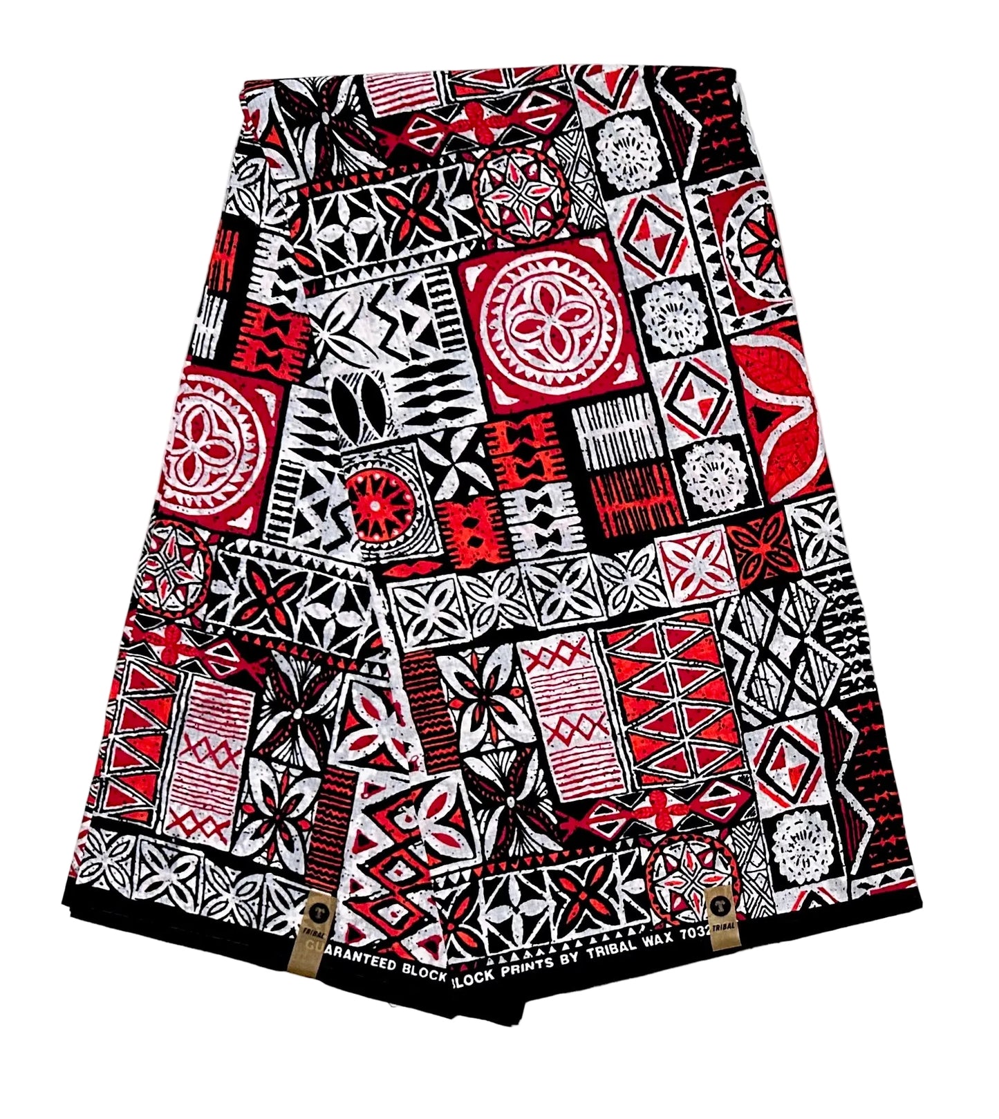 African Print Fabric/ Ankara - Red, Orange, Black, White 'Nsibidi House’, YARD or WHOLESALE
