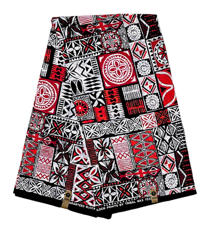 African Print Fabric/ Ankara - Red, Orange, Black, White 'Nsibidi House’, YARD or WHOLESALE