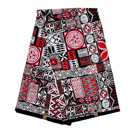 African Print Fabric/ Ankara - Red, Orange, Black, White 'Nsibidi House’, YARD or WHOLESALE