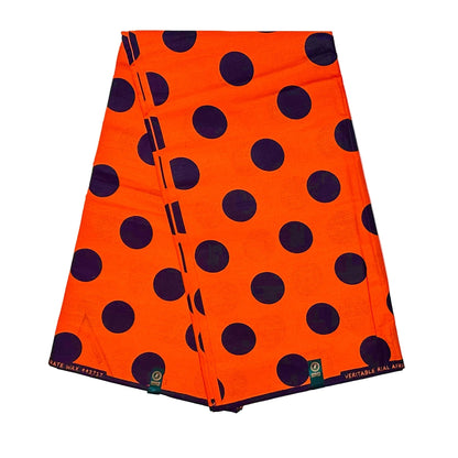 African Print Fabric/ Ankara - Orange, Black 'Dottie' Design, YARD or WHOLESALE