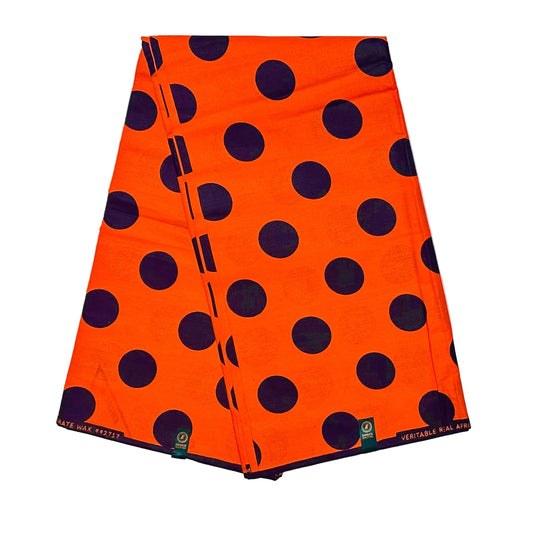 African Print Fabric/ Ankara - Orange, Black 'Dottie' Design, YARD or WHOLESALE