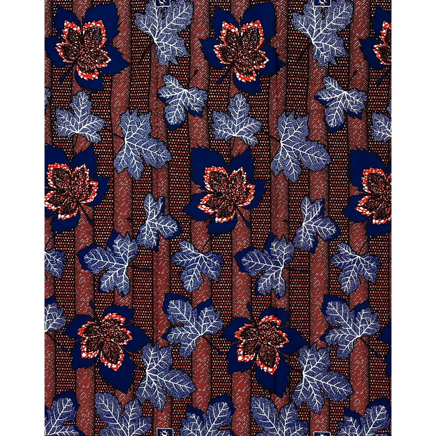 African Print Fabric/ Ankara - Brown, Navy, White 'Maple & Market', 1 YARD