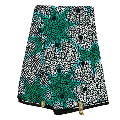 African Print Fabric/ Ankara - Green, Black, White 'Eye Dey Your Side' Design, YARD or WHOLESALE