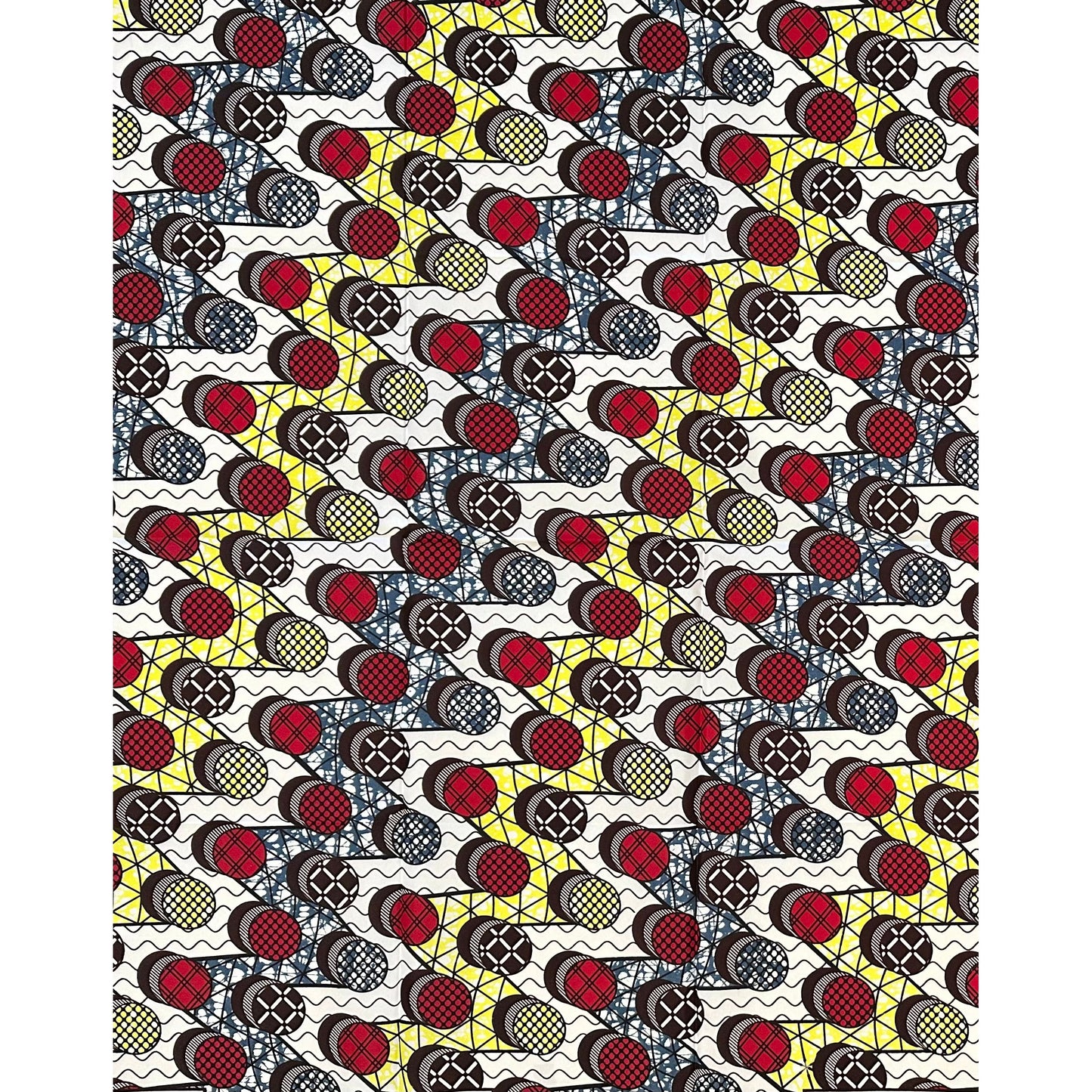 African Print Fabric/ Ankara - Red, Gray, Yellow, Brown 'Rhythm & Round' Design