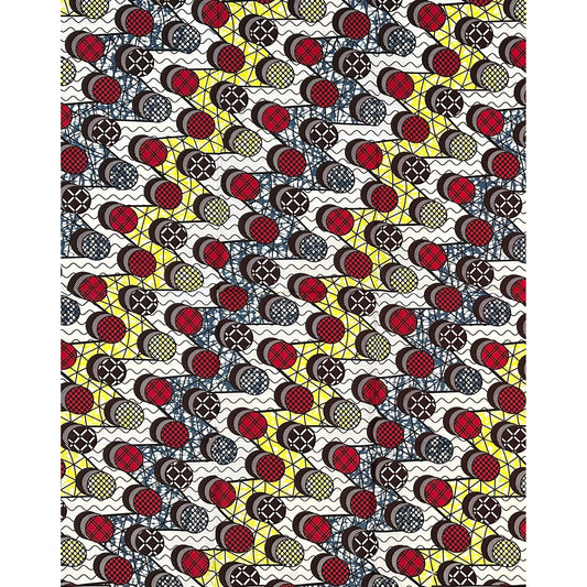 African Print Fabric/ Ankara - Red, Gray, Yellow, Brown 'Rhythm & Round' Design