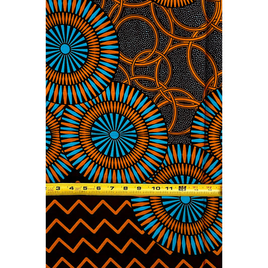 African Print Fabric/ Ankara - Brown, Blue “Sunrise Medallion', 1 YARD