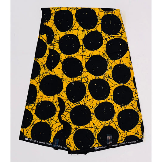African Print Fabric/ Ankara - Yellow, Black 'Oro of the Sun' Design, YARD or WHOLESALE