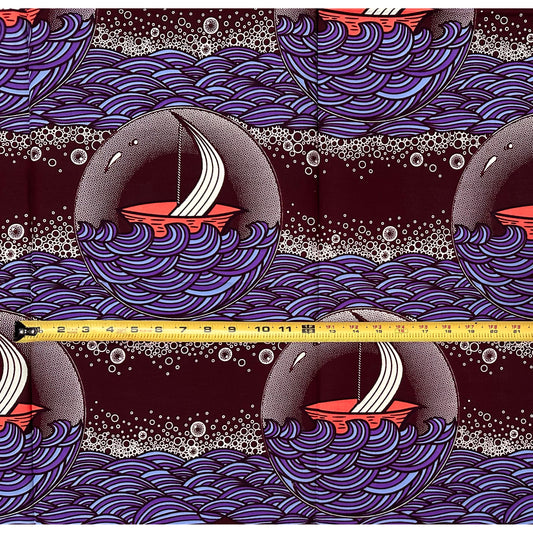 African Print Fabric/Ankara - Purple, Pink, Brown “Boat for Bubble" Design, 1 Yard