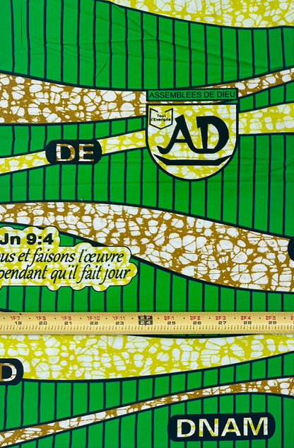 African Print Fabric/Ankara - Green, Chartreuse, Brown "Benin Grace" Design, 1 Yard