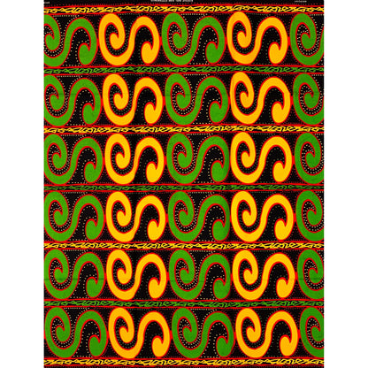 African Print Fabric/ Ankara - Green, Yellow, Red, Black 'Groove Line' Design, 1 Yard