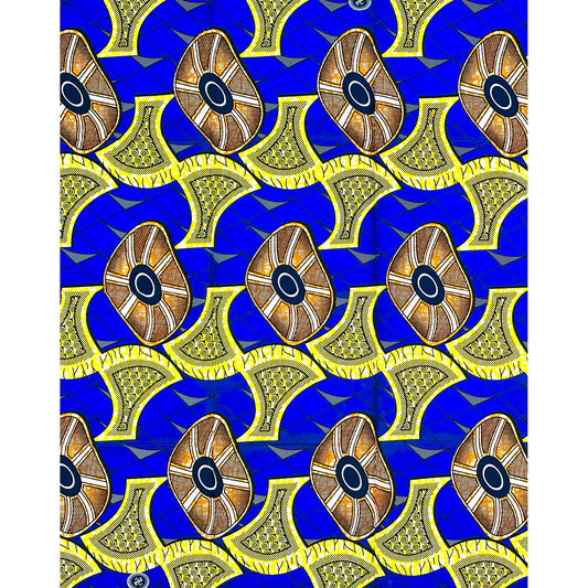 African Print Fabric/ Ankara - Blue, Yellow, Orange ‘Oba’s Vanguard' Design, 1 YARD