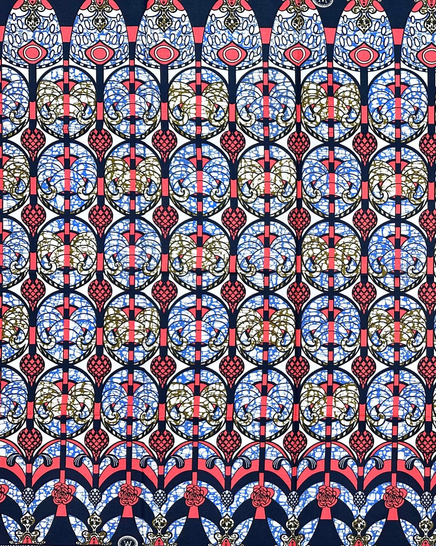 African Print Fabric/ Ankara - Coral, Brown, Blue "Procession House", 1 Yard