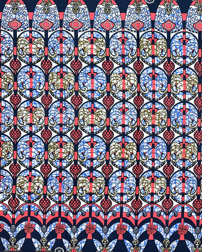 African Print Fabric/ Ankara - Coral, Brown, Blue "Procession House", 1 Yard
