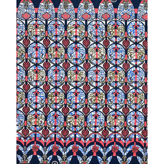 African Print Fabric/ Ankara - Coral, Brown, Blue "Procession House", 1 Yard