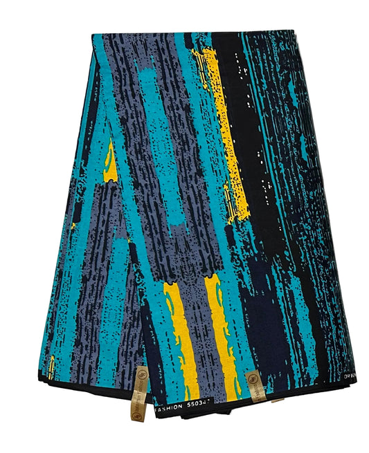 African Print Fabric/ Ankara - Shades of Blue, Yellow, Gray 'Strokes of Genius' Design, YARD or WHOLESALE