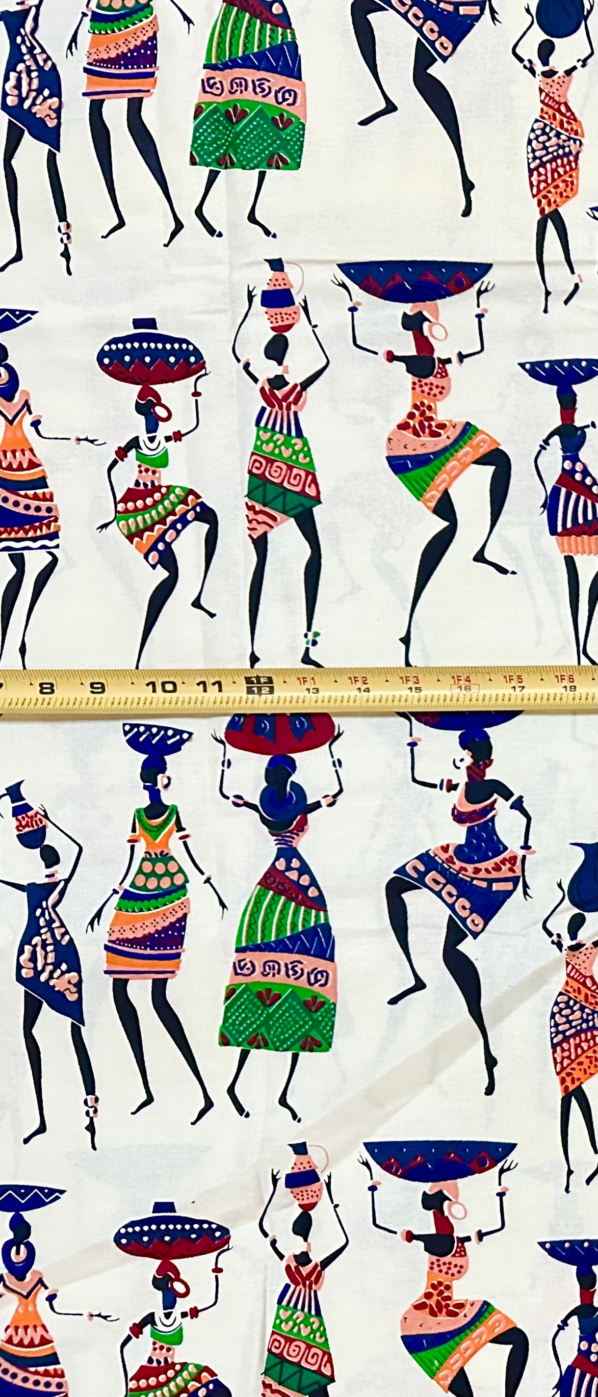 African Print Fabric/ Ankara - Cream, Black, Blue, Green ‘She Carries On' Design, YARD or WHOLESALE