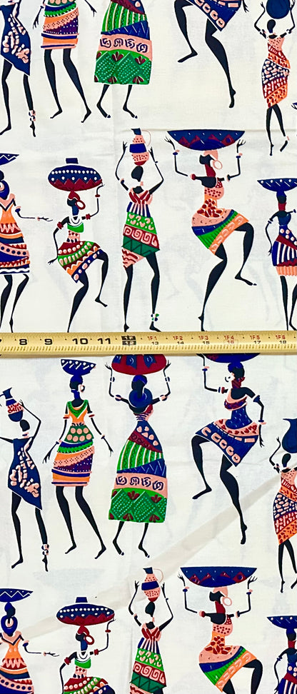 African Print Fabric/ Ankara - Cream, Black, Blue, Green ‘She Carries On' Design, YARD or WHOLESALE