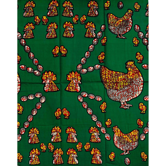African Print Fabric/ Ankara - Green, Brown, Yellow 'Chicken or the Egg,’ 1 YARD