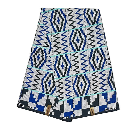 African Print Fabric/ Ankara - Blue, White, Black 'Azuri Meridian', YARD or WHOLESALE
