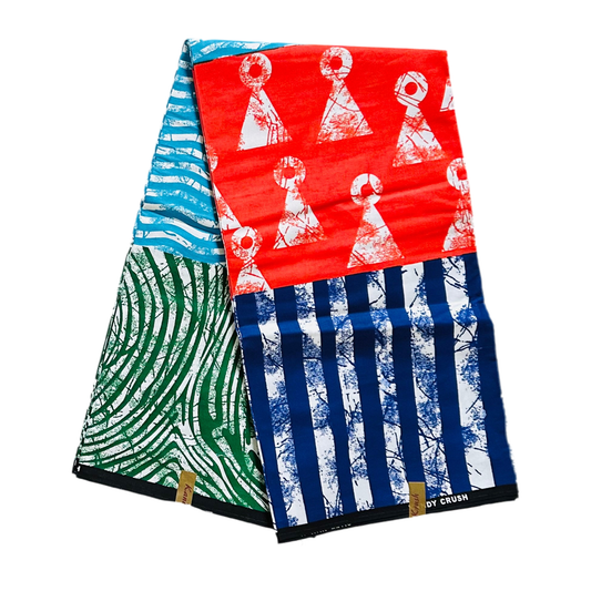 African Print Fabric/ Ankara - Orange, Shades of Blue, Green 'Primary Language', Yard or Wholesale