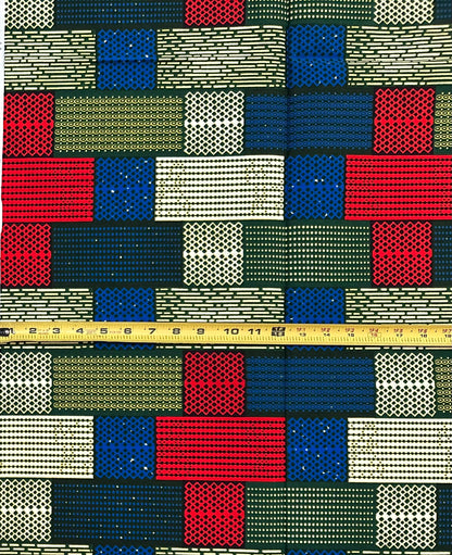 African Print Fabric/Ankara - Red, Blue, Green, Cream "Brick by Brick" Kente, 1 Yard
