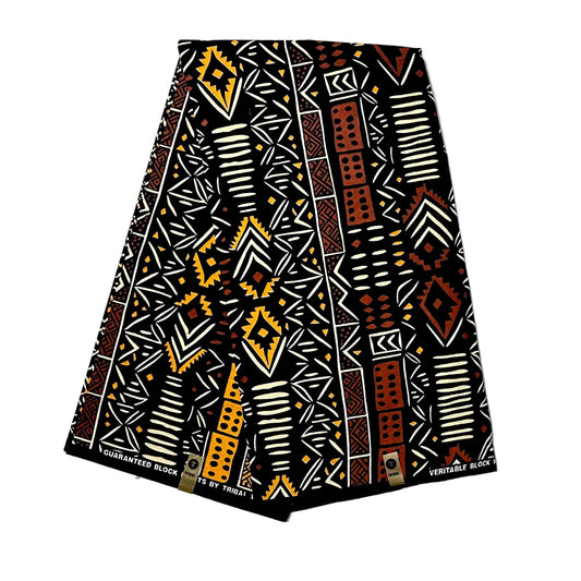 African Print Fabric/ Ankara - Black, Brown, Beige, Marigold "The Knowing", YARD or WHOLESALE