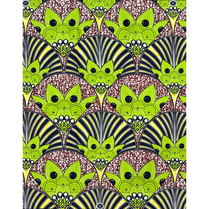 African Print Fabric/ Ankara - Green, Yellow, Brown 'Kumasi Crown' Design, 1 Yard
