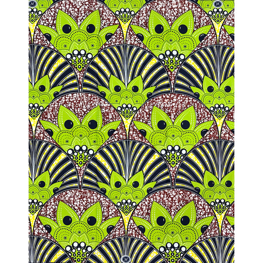 African Print Fabric/ Ankara - Green, Yellow, Brown 'Kumasi Crown' Design, 1 Yard