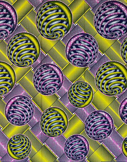 African Print Fabric/ Ankara - Purple, Chartreuse 'The World Never Stands Still' YARD